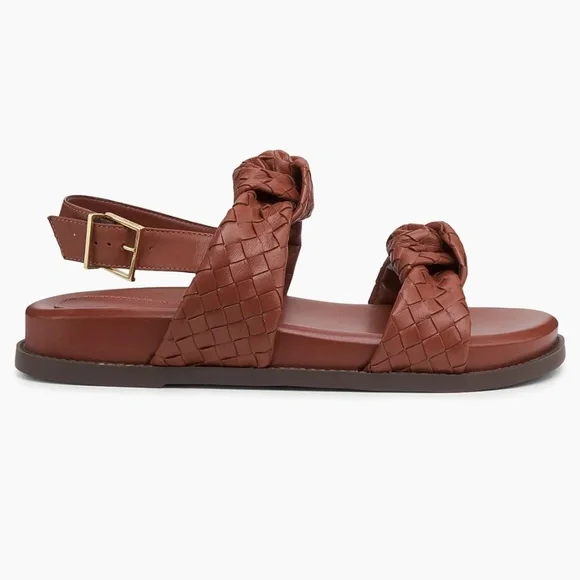 new SCHUTZ Kareena Brown Woven Leather Knot Sandals Ankle Strap Flat 6.5 - Picture 4 of 9